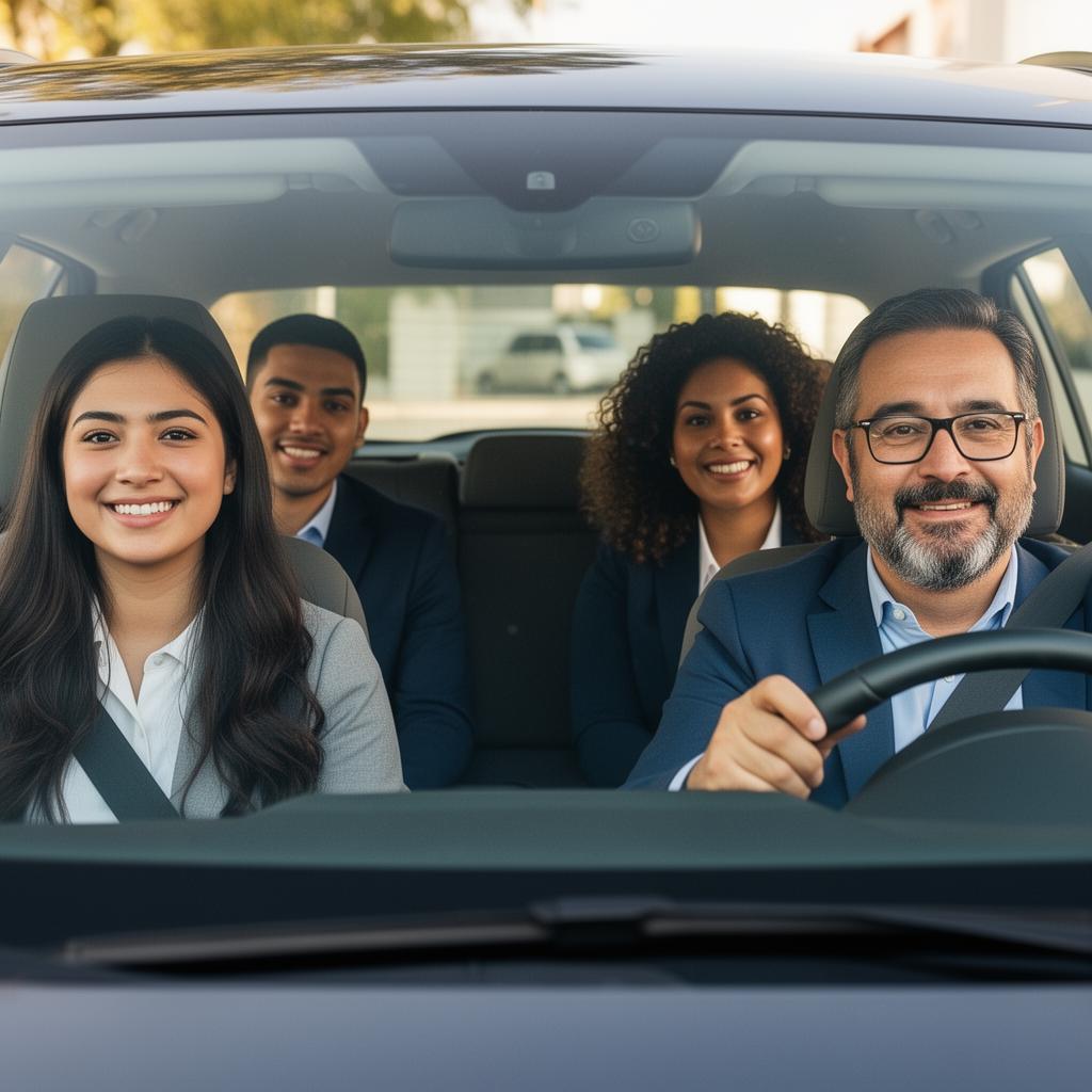 Colaboradores corporativos compartiendo auto en carpooling seguro y sostenible